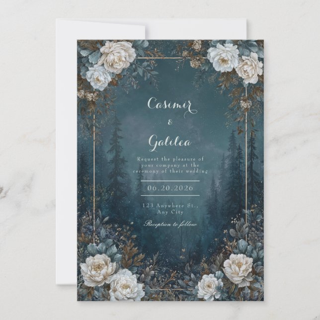 Gotisk Midnattsblå Skog Vit Peony Celestial Inbjudningar (Framsida)