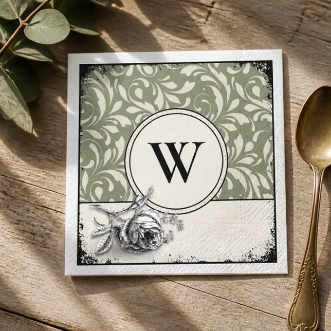 Gotisk monogram Salvia grön Damaskros Pappersservett (Skapare uppladdad)