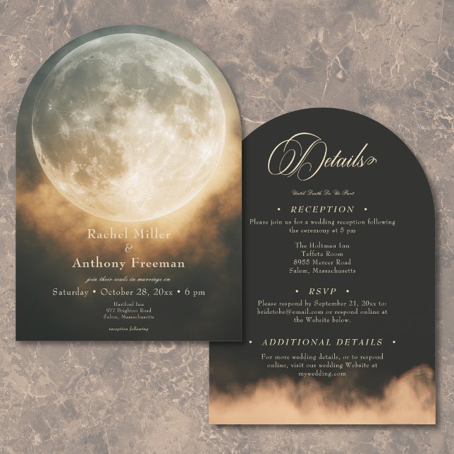 gotisk Mörk full månbåge Bröllop 2 sida vid sida Inbjudningar (Gothic Dark Full Moon Arch Wedding Two Sided Invitation)