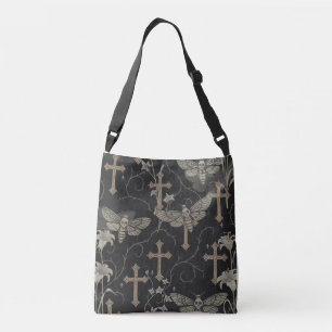 Gotisk Moth & Cross Damask Tote Bag – Mörk Vintage Axelväska