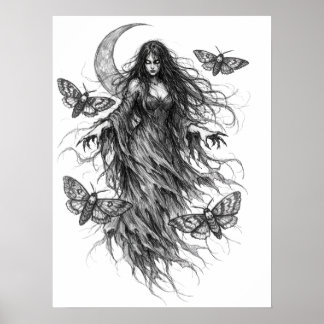 Gotisk Natt Häxa och Luna Moth Mörk Folklore Konst Poster