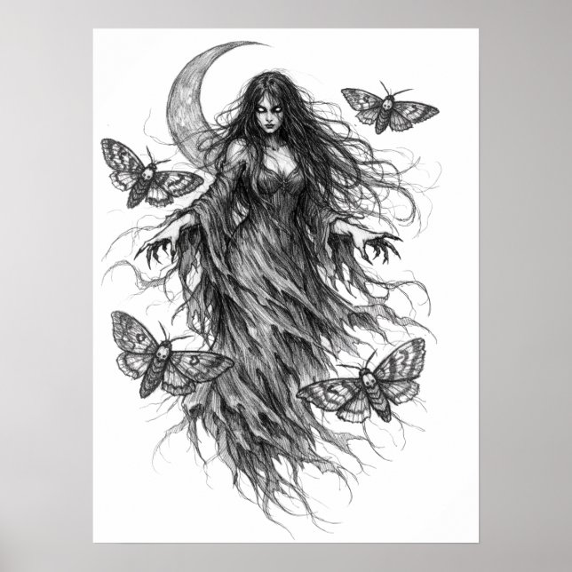 Gotisk Natt Häxa och Luna Moth Mörk Folklore Konst Poster (Framsidan)