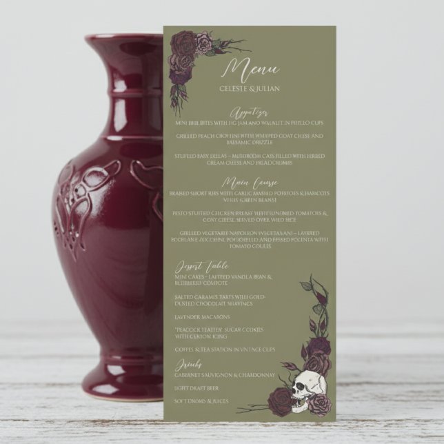 Gotisk Olivgrön Mörk Blommig Bröllopsmeny Meny (Elegant Gothic Olive Gree Dark Floral Skull and Roses Wedding Menu for Hallowedding or Gothic Dinner)