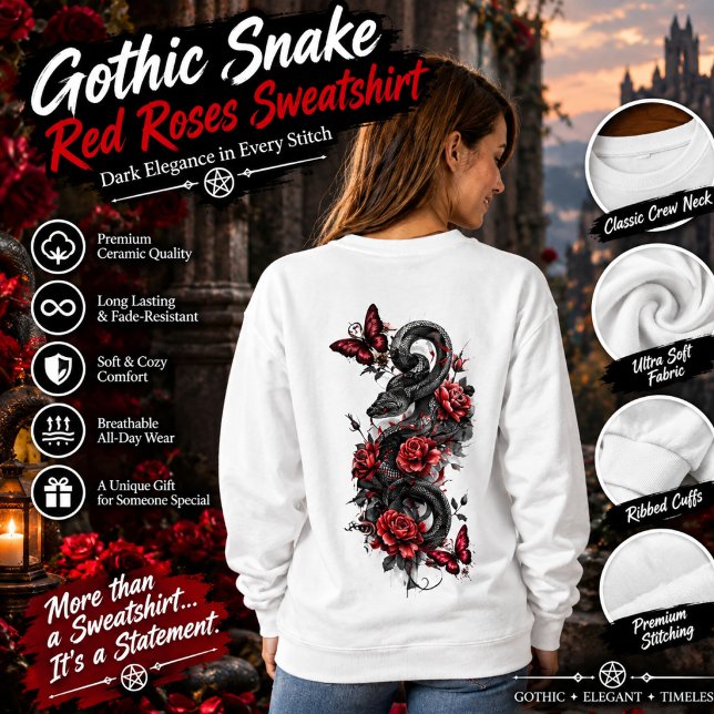 Gotisk orm & röda rosor sweatshirt – Mörk fantasy T Shirt (Skapare uppladdad)