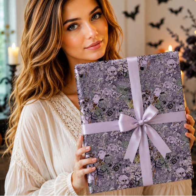 Gotisk Pastell Lila Blommig Dödskalle Vattenfärg Presentpapper (Skapare uppladdad)