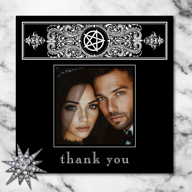 Gotisk pentagramstjärna svart vit bröllopsfoto tack kort (Gothic Pentagram Star Black White Wedding Photo Thank You Card)