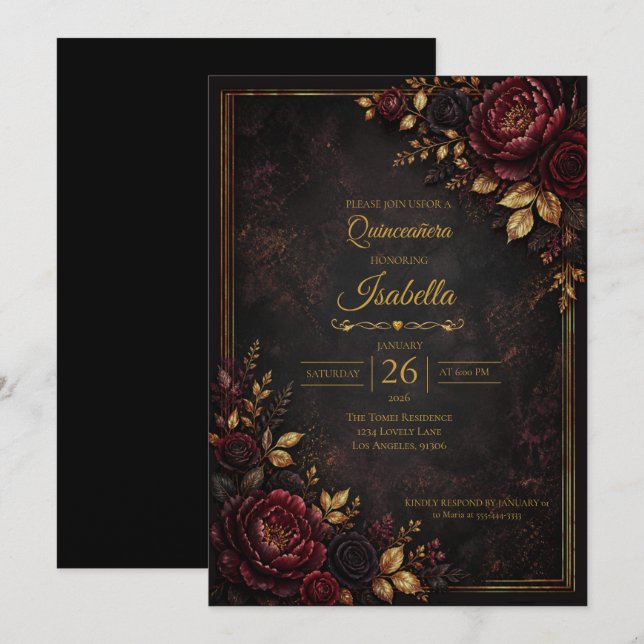 Gotisk Quinceañera med röda rosor Inbjudningar (Fram/baksida)
