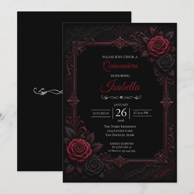 Gotisk Quinceañera med röda rosor Inbjudningar (Fram/baksida)