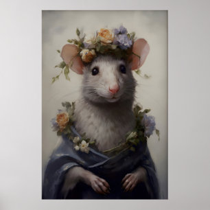 Gotisk råtta konsttryck Viktoriansk mus med blomma Poster