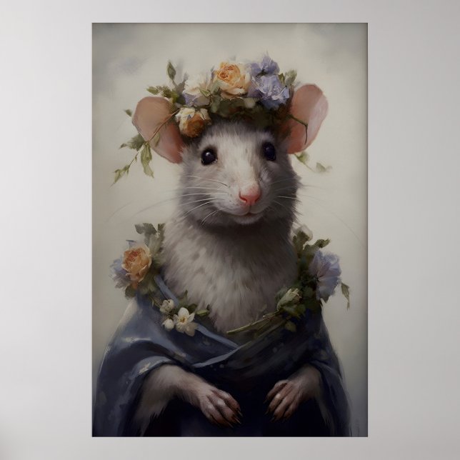 Gotisk råtta konsttryck Viktoriansk mus med blomma Poster (Framsidan)
