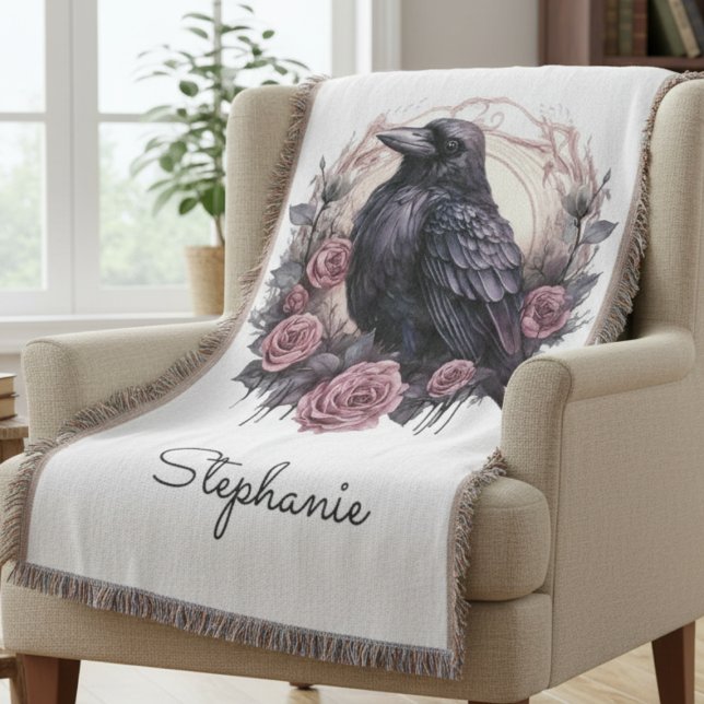 Gotisk Raven Mörk Akademi Rosa Blommor Filt (Gothic Black Raven throw blanket)