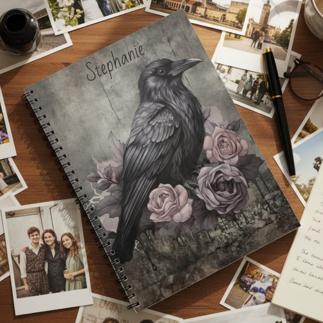 Gotisk Raven Mörk Akademisk Blomma Anteckningsbok (Personalized black raven with roses photo notebook)