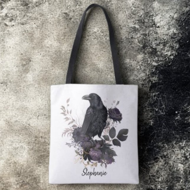 Gotisk Raven Mörk Akademisk Blomma Tygkasse (Floral black raven personalized tote bag)