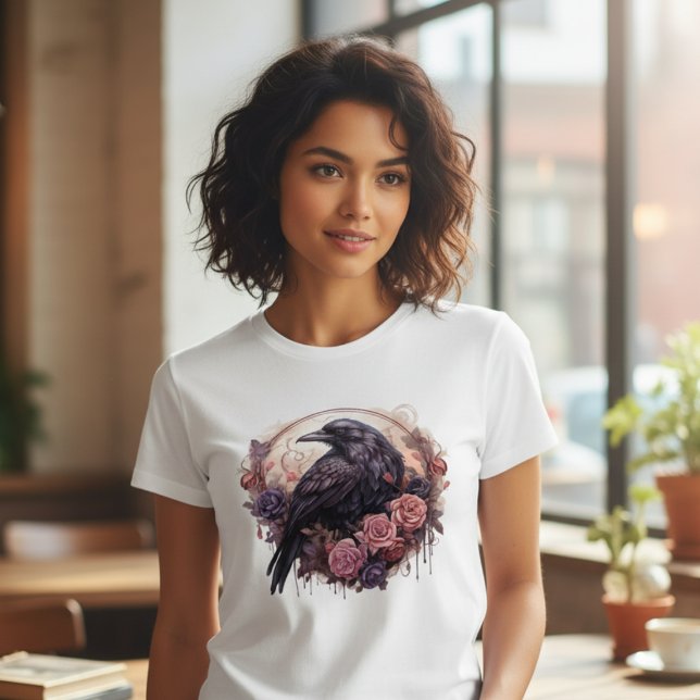 Gotisk Raven Mörk Akademisk Grafik T Shirt (Black raven with roses tshirt
)