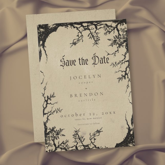 Gotisk Raventrädgravyr Svart Tan Bröllop Spara Datumet (Gothic Raven Tree Engraving Black Tan Wedding Save The Date)