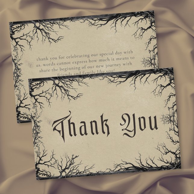 Gotisk Raventrädgravyr Svart Tan Bröllop Tack Kort (Gothic Raven Tree Engraving Black Tan Wedding Thank You Card)