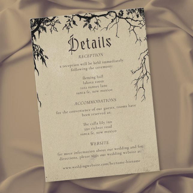 Gotisk Raventrädgravyr Svart Tan Bröllop Tilläggskort (Gothic Raven Tree Engraving Black Tan Wedding Enclosure Card)