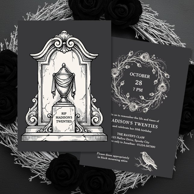 Gotisk RIP My Twenties Begravning 30-årsdag Inbjudningar (RIP Twenties 30th birthday invitation by Darling & May (printed or digital))