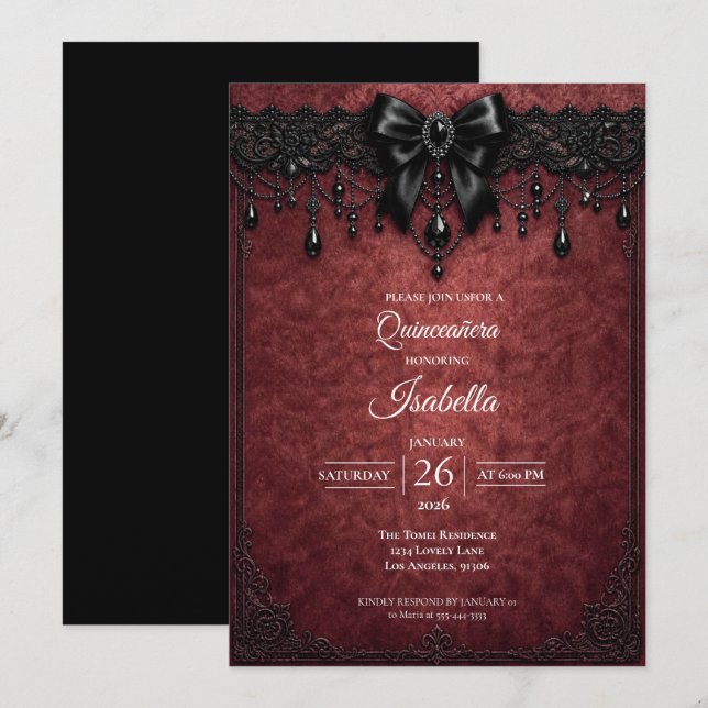 Gotisk röd båge pärlor Quinceañera Inbjudningar (Fram/baksida)