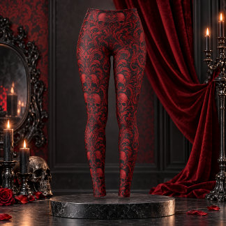 Gotisk röd och svart skalle damast sömlöst mönster leggings
