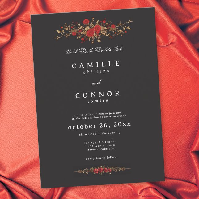 Gotisk röd ros Tills döden skiljer oss åt Bröllop Inbjudningar (Gothic Red Rose Until Death Do Us Part Wedding Invitation)