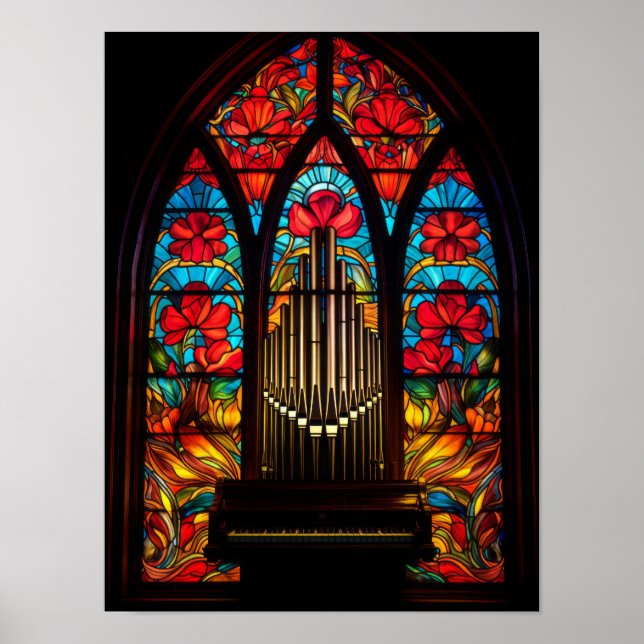 Gotisk röd vallmofärgad kyrkorgel i glasmosaik A Poster (Framsidan)