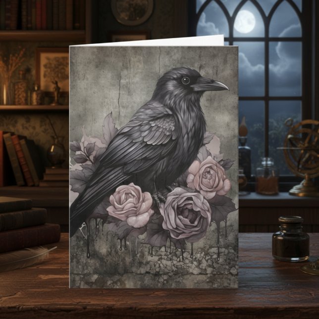Gotisk Rosa Mörk Akademisk Blommig Korp Kort (Black raven with roses note card)