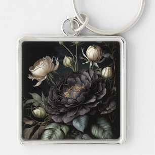 Gotisk rosarrangemang svart blomma fyrkantig silverfärgad nyckelring