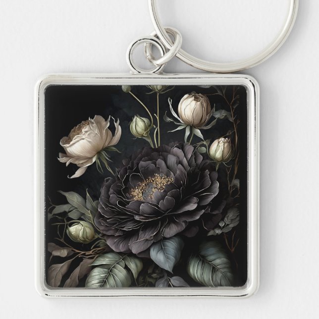 Gotisk rosarrangemang svart blomma fyrkantig silverfärgad nyckelring (Framsidan)