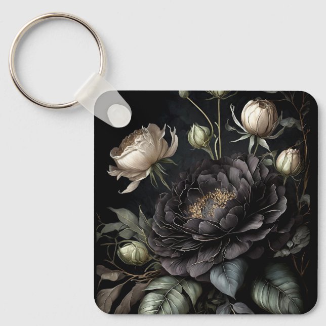 Gotisk rosarrangemang svart blomma nyckelring (Framsida)
