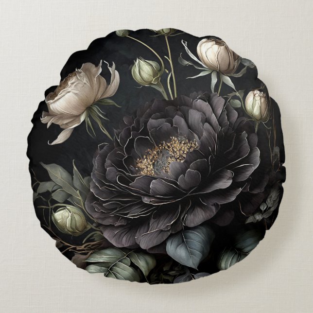 Gotisk rosarrangemang Svart blomma Rund Kudde (Framsidan)
