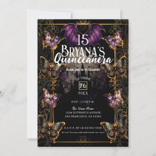 Gotisk sagoguld Fjäril & Fladdermus Quinceañera Inbjudningar
