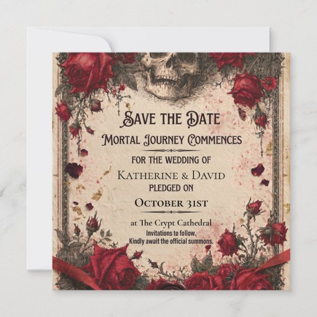 Gotisk Save the Date-mall med Dödskalle och Rosor Spara Datumet (Framsida)