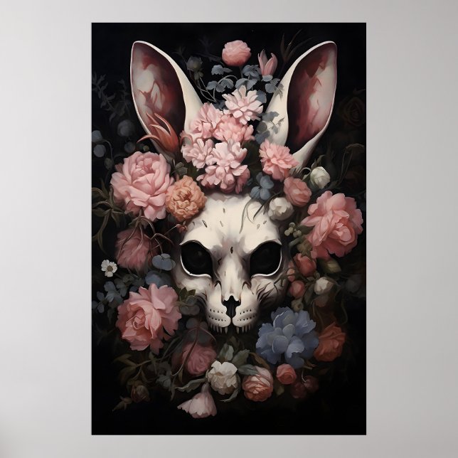 Gotisk Skalle Kanin Tryck, Mörk Blommig Hare Poster (Framsidan)