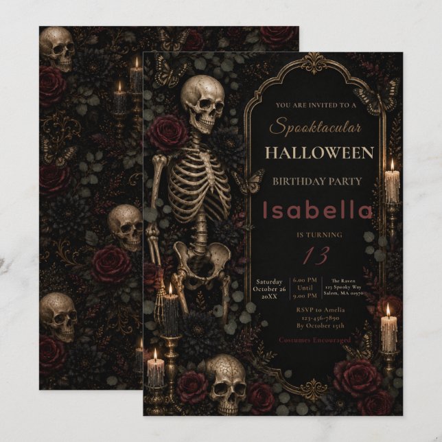 Gotisk Skelett Halloween Födelsedag Inbjudningar (Fram/baksida)