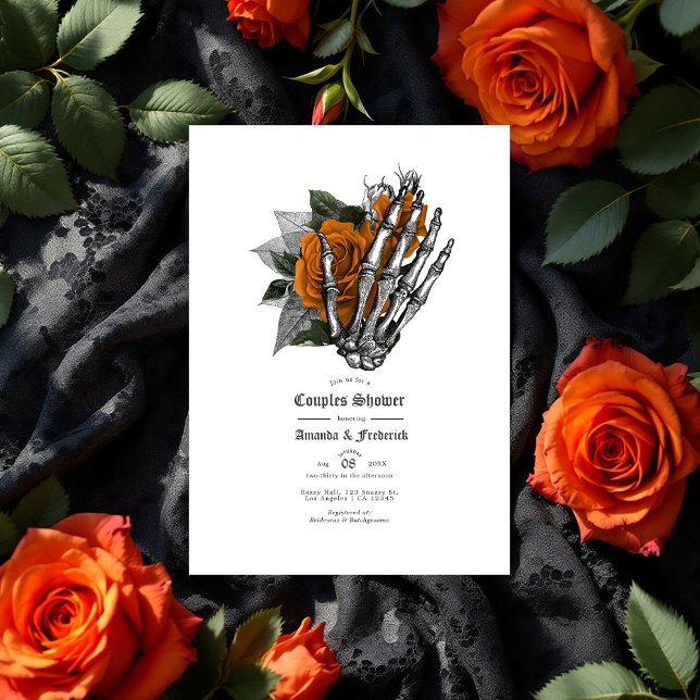 Gotisk Skelett Hand & Orange Ros Bröllopsdusch för Inbjudningar (Gothic Skeleton Hand & Orange Rose Couples Shower Invitation)