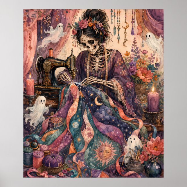 Gotisk Skelett Syerska Quiltning Celestial Poster (Framsidan)
