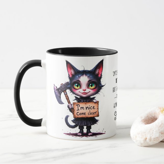 Gotisk Skräck Psykopat Söt Katt Med Yxa  Mugg (Med munk)