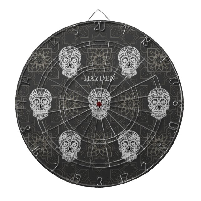 Gotisk sockerkalle och grått geometriskt mönster darttavla (Framsidan)