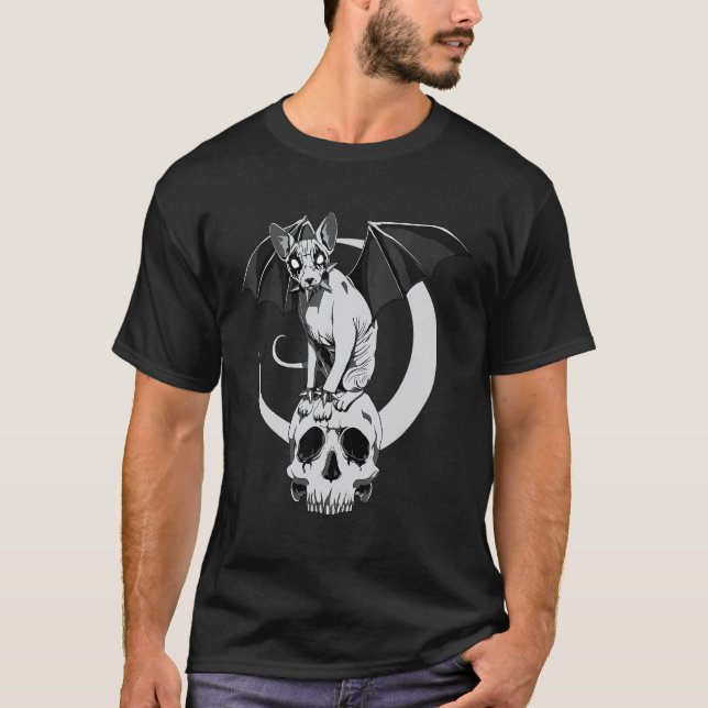 Gotisk Sphynx Katt Fladdermus Wicca Goth Dödskalle T Shirt (Framsida)