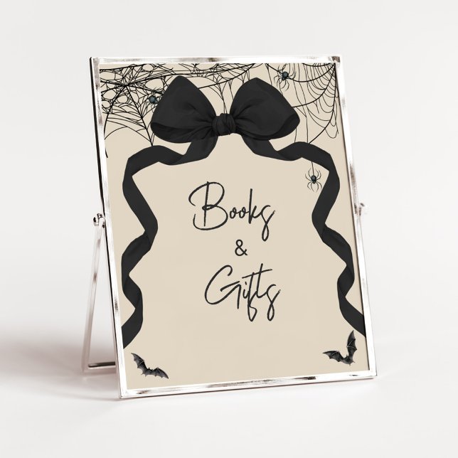 Gotisk spöklik Little Boo-böcker och present-skylt Poster (Black Bow Spooky Baby Shower Books and Gifts Sign)