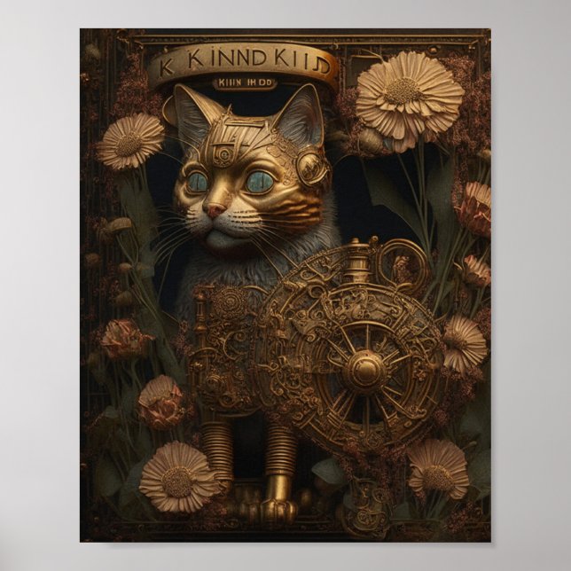 Gotisk Steampunk Guld Katt Poster (Framsidan)
