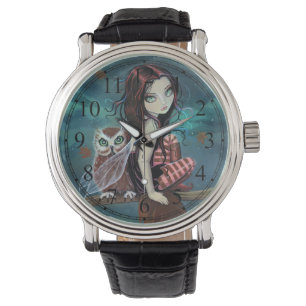 Gotisk storögd fe- och ugglefantasiart armbandsur