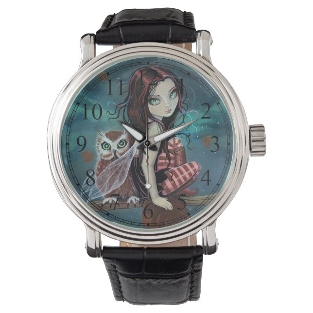 Gotisk storögd fe- och ugglefantasiart armbandsur (Framsida)
