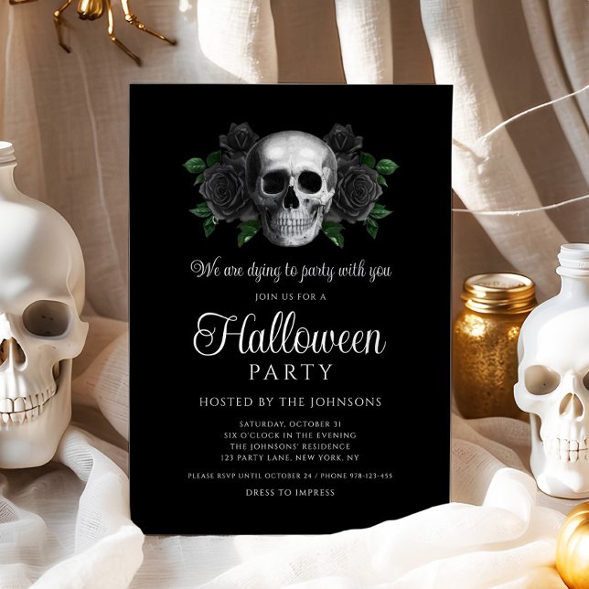 Gotisk svart blomster skalle Halloween inbjudan (Gothic Black Floral Skull Halloween Invitation)