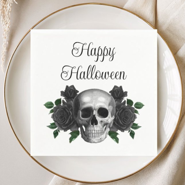 Gotisk svart blomster skalle Halloween Pappersservett (Gothic Black Floral Skull Halloween Napkins)