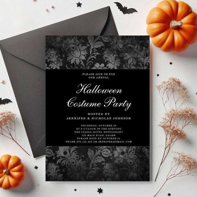 Gotisk svart damast Halloween-kostym Inbjudningar (Gothic Black Damask Halloween Costume Invitation)