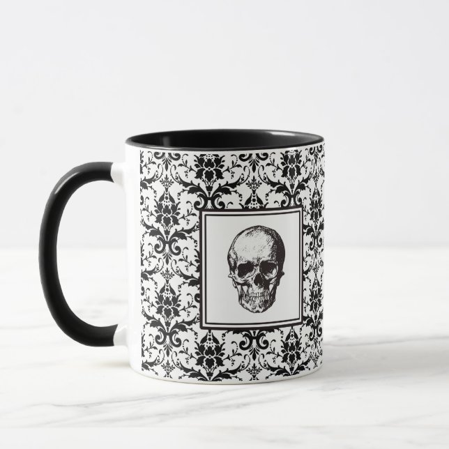 Gotisk svart damastmönster dödskalle Halloween Mugg (Vänster)