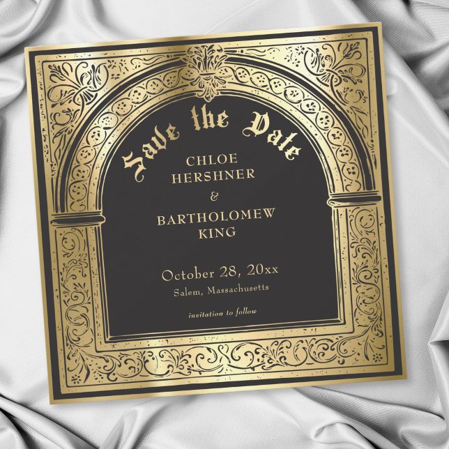 Gotisk svart guld medeltida bröllop spara datumet (Gothic Black Gold Medieval Wedding Save The Date)