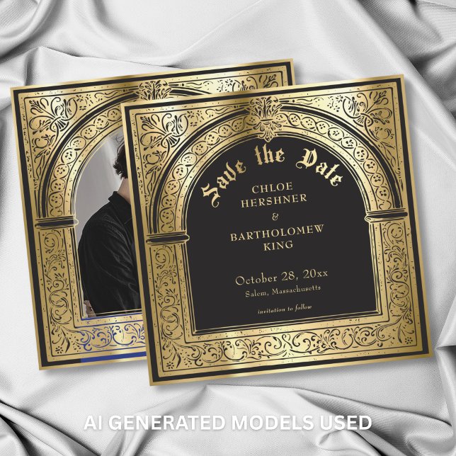 Gotisk svart guld medeltida foto bröllop spara datumet (Gothic Black Gold Medieval Photo Wedding Save The Date)